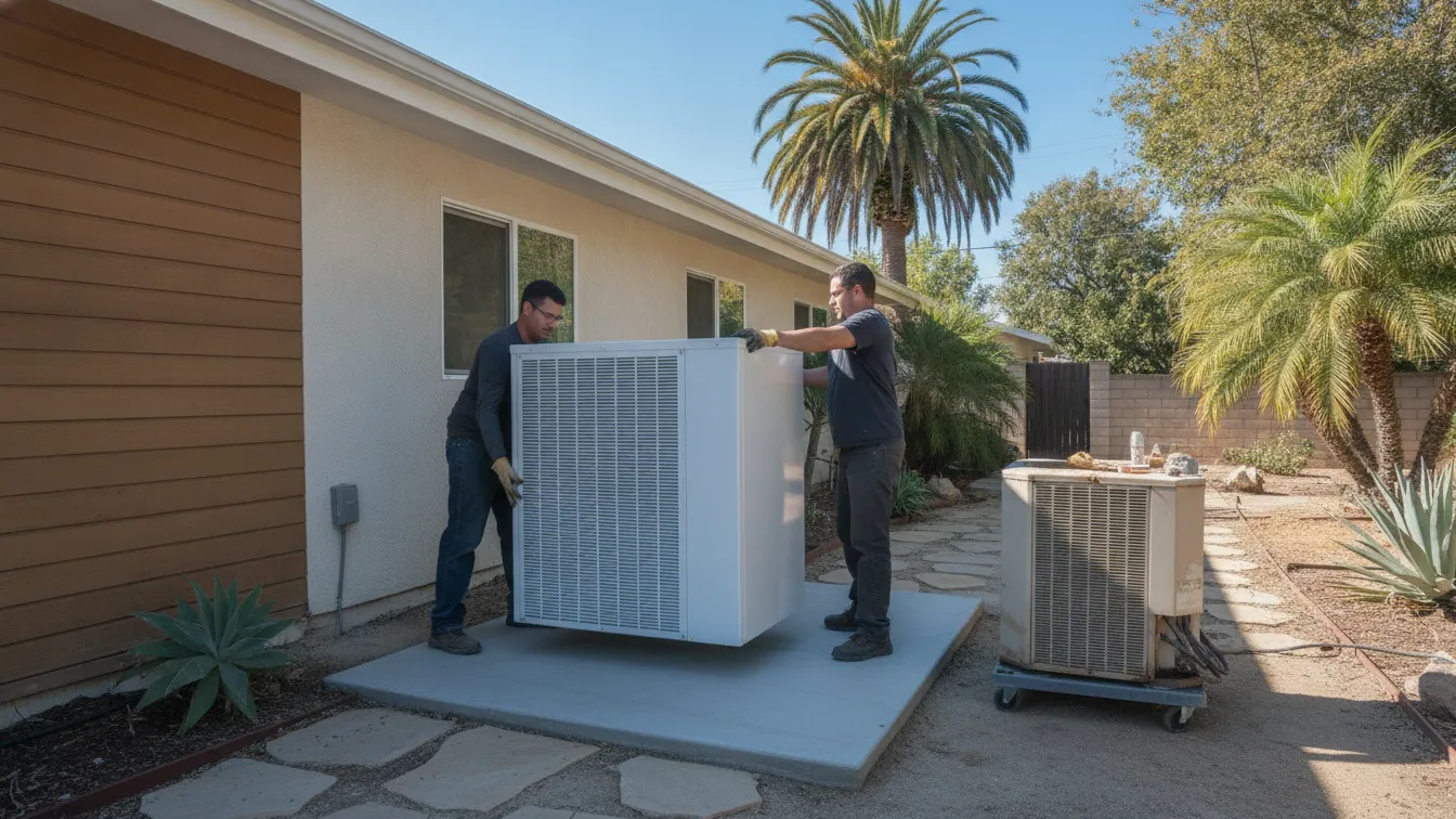 Two technicians setting a new air conditioner on its pad