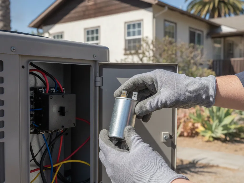 Hands holding a capacitor beside the open panel of an air conditioner