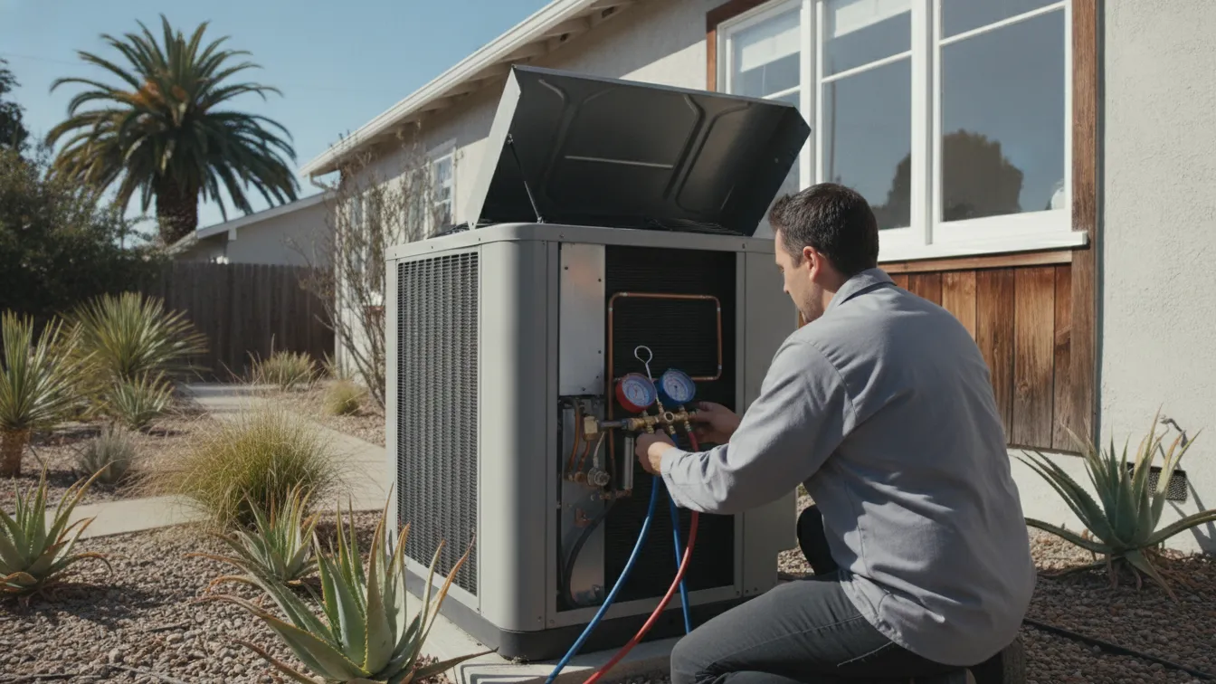 A technician connecting gauges to an outdoor air conditioner