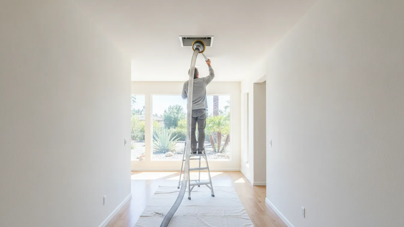 A technician cleaning a ceiling air duct