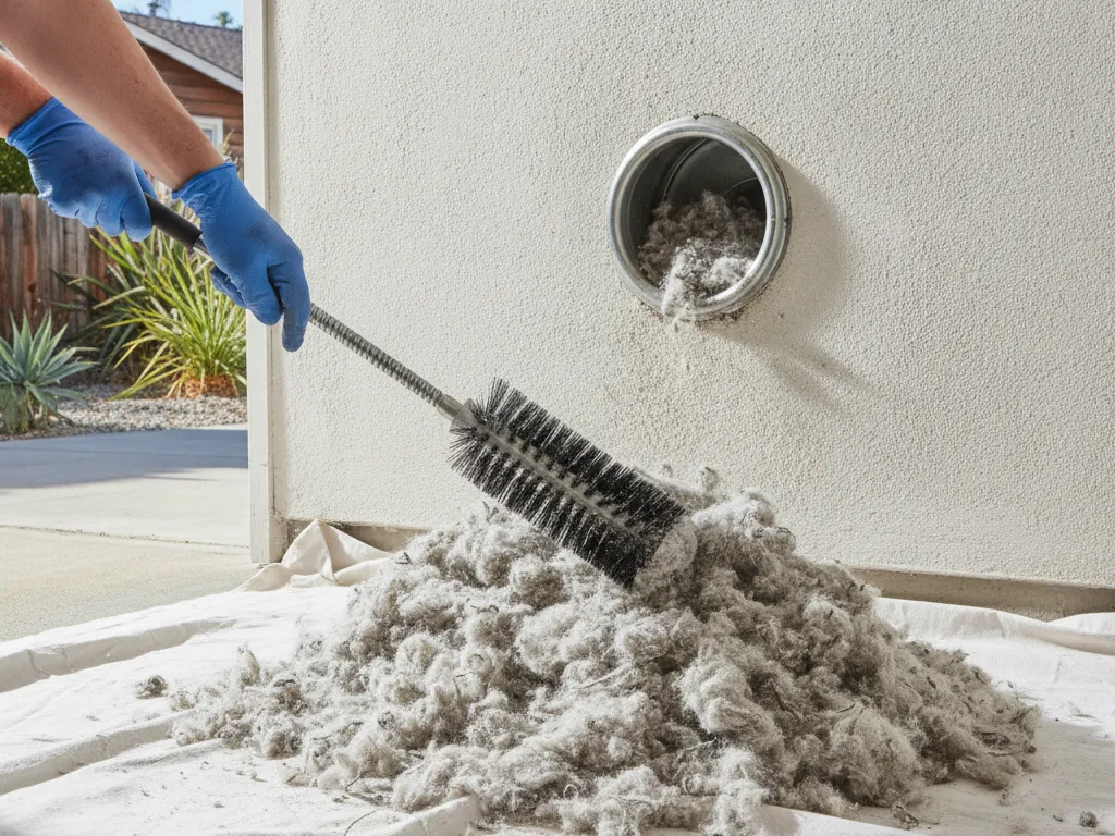 Lint and a dryer vent brush beside a laundry vent