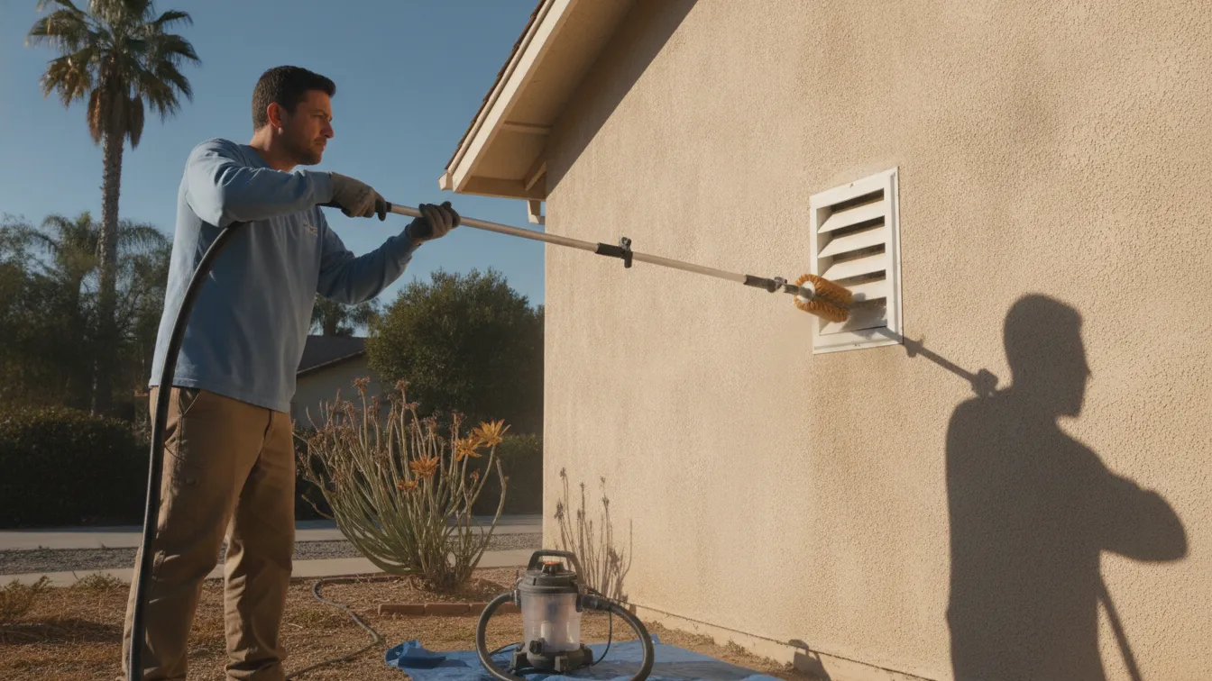 A technician cleaning a dryer vent from the outside wall