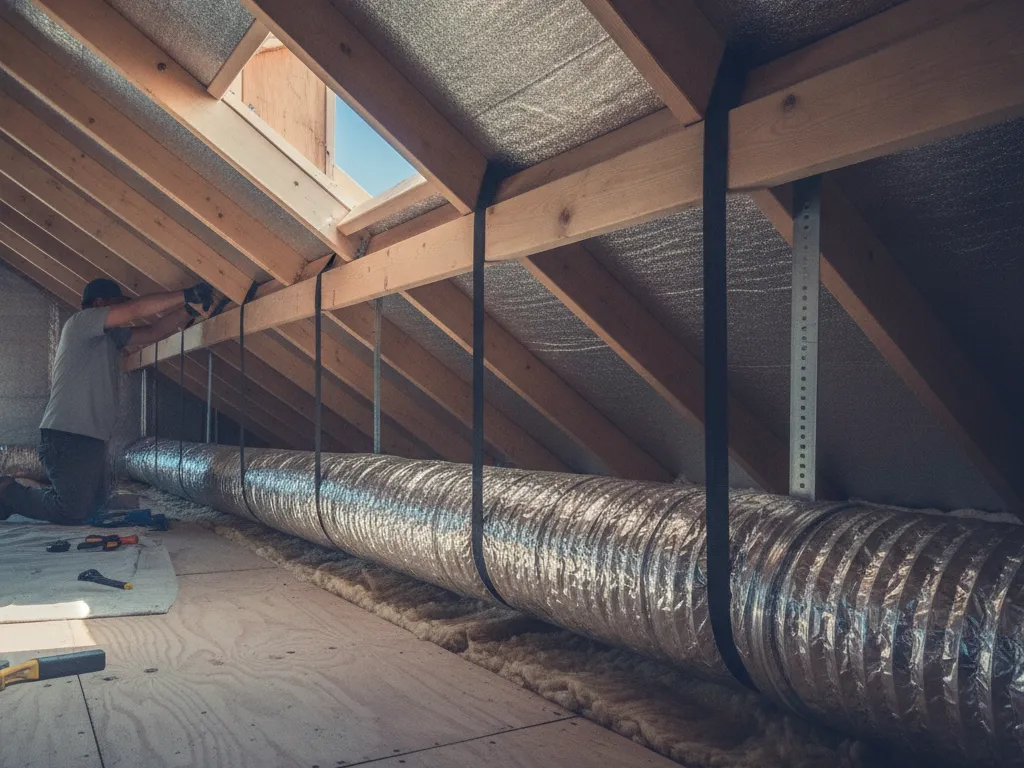 New insulated flexible duct strapped in an attic