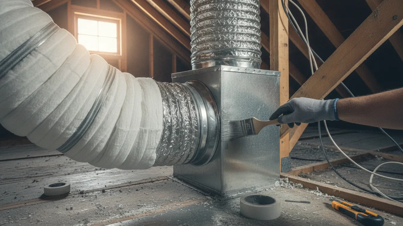 Hands sealing a duct joint with mastic in an attic