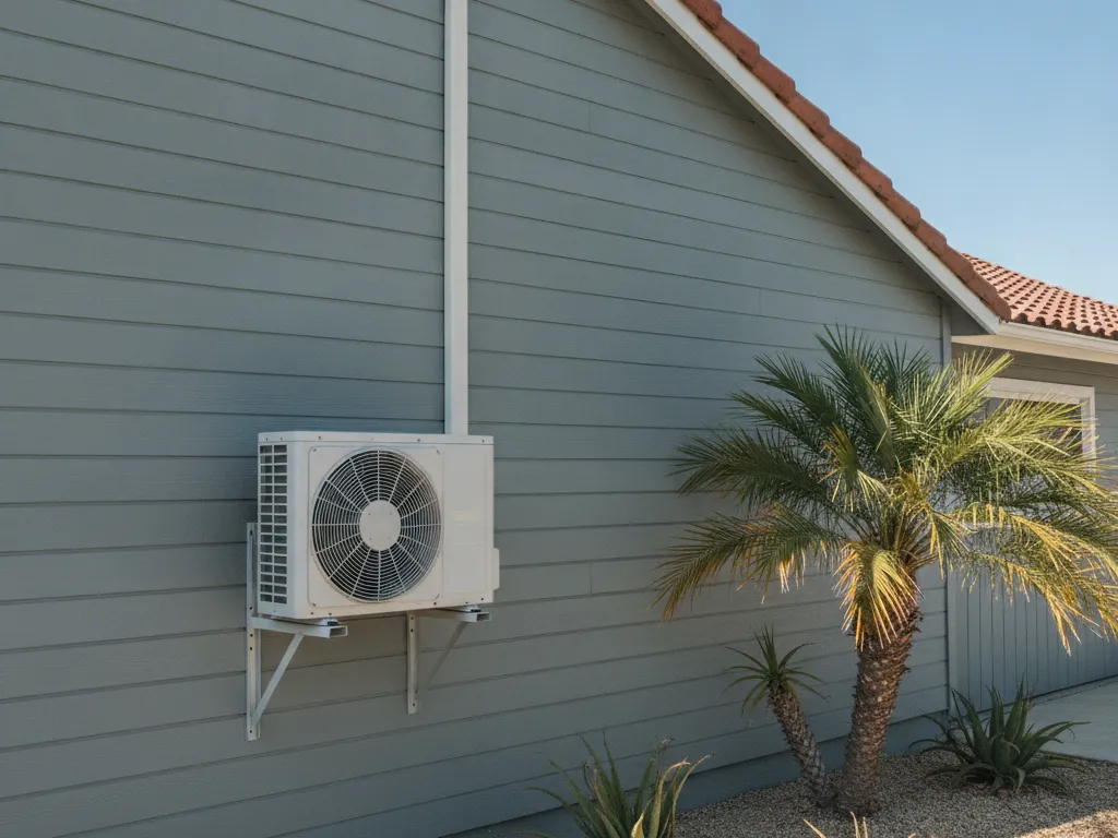 A mini split outdoor unit on a wall bracket
