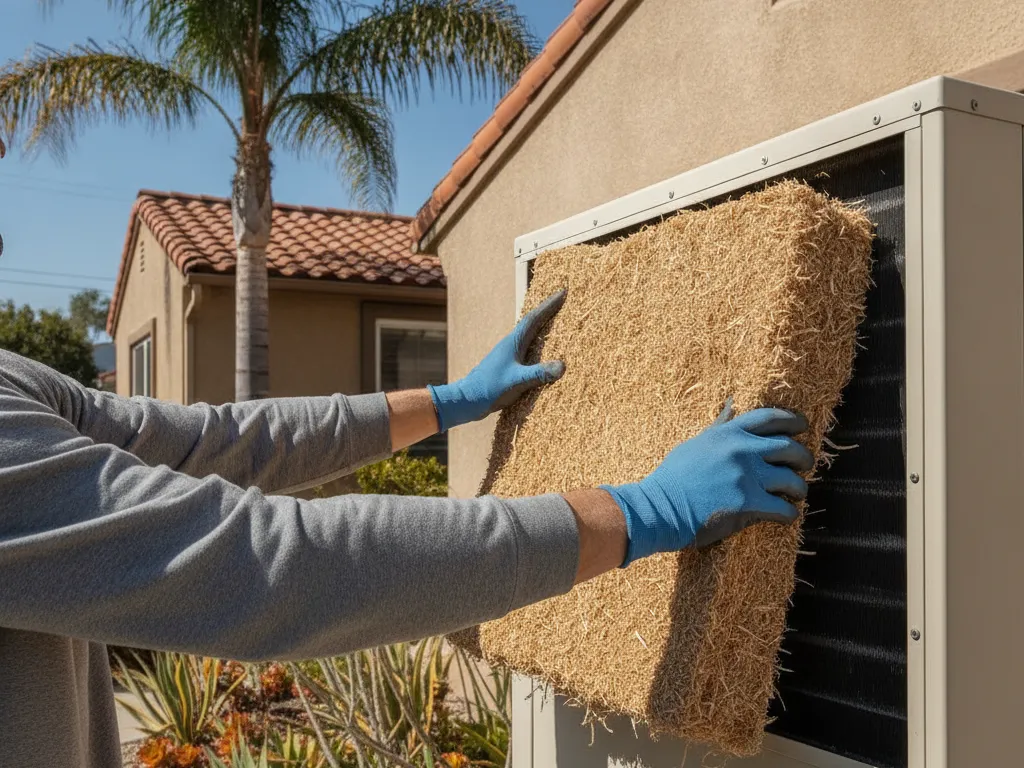 Hands fitting a new pad into an evaporative cooler