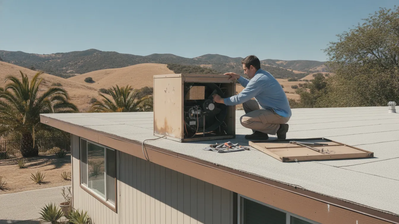 A technician servicing a roof-mounted swamp cooler