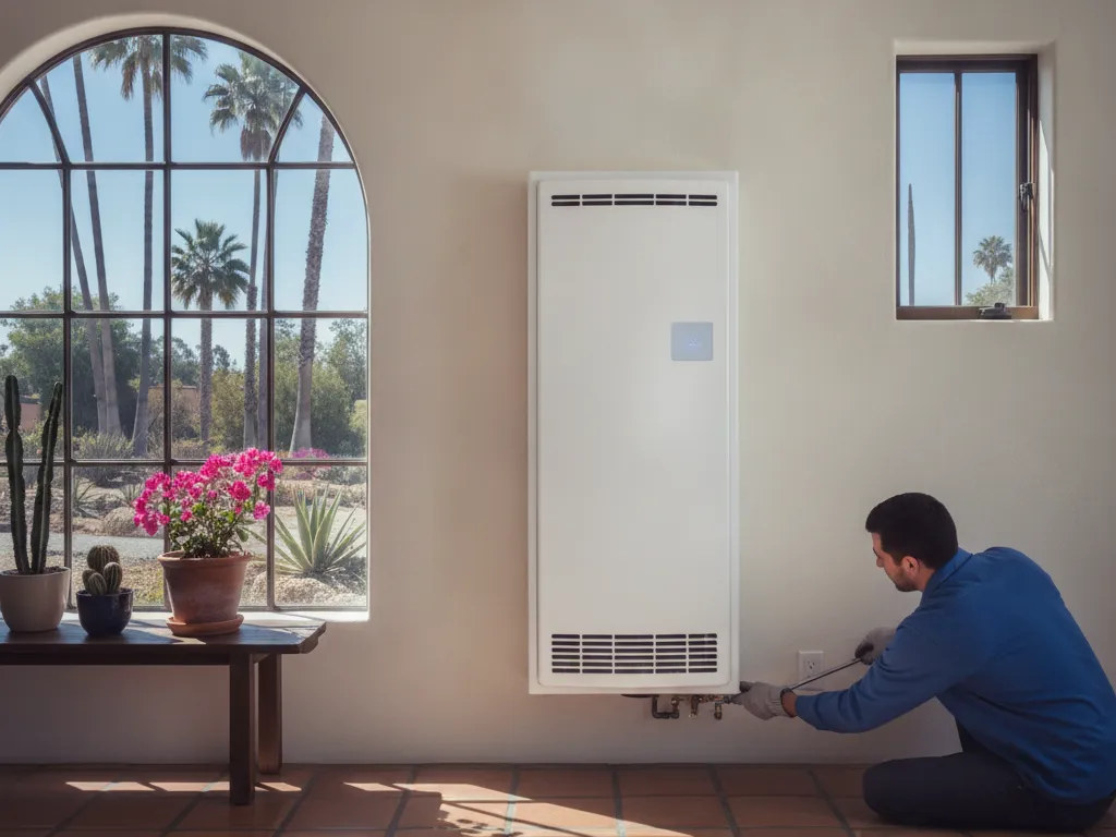 A new wall furnace in a living room wall