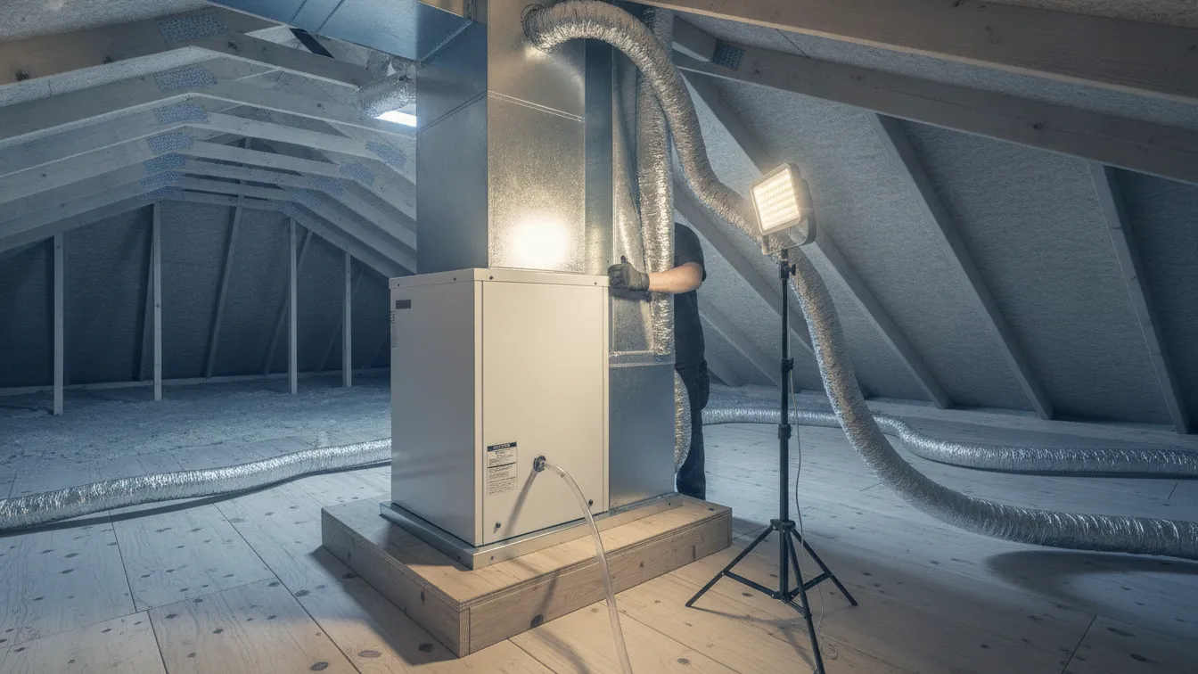 A new gas furnace installed on an attic platform