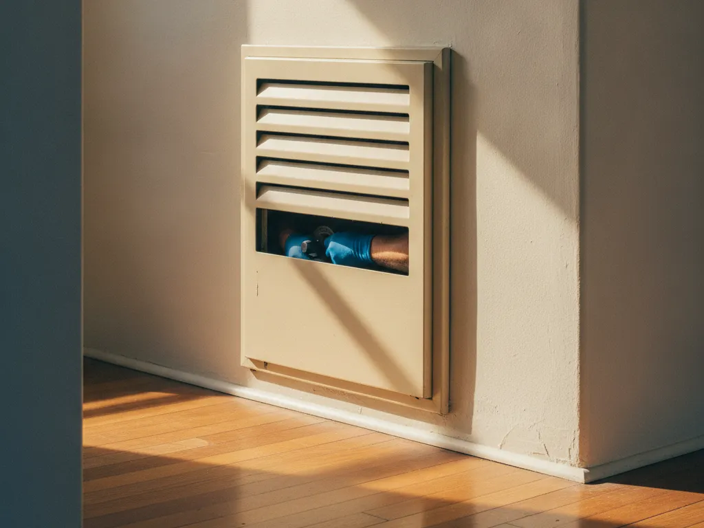 A gas wall furnace in the hallway of an older house