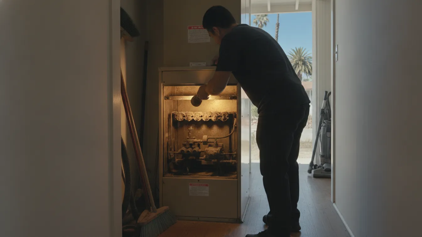 A technician looking into an open gas furnace in a closet