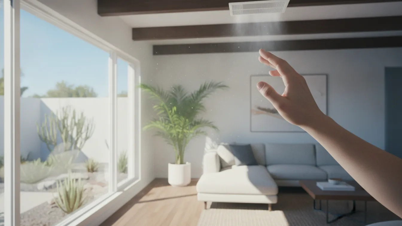 A hand held up to a ceiling air vent