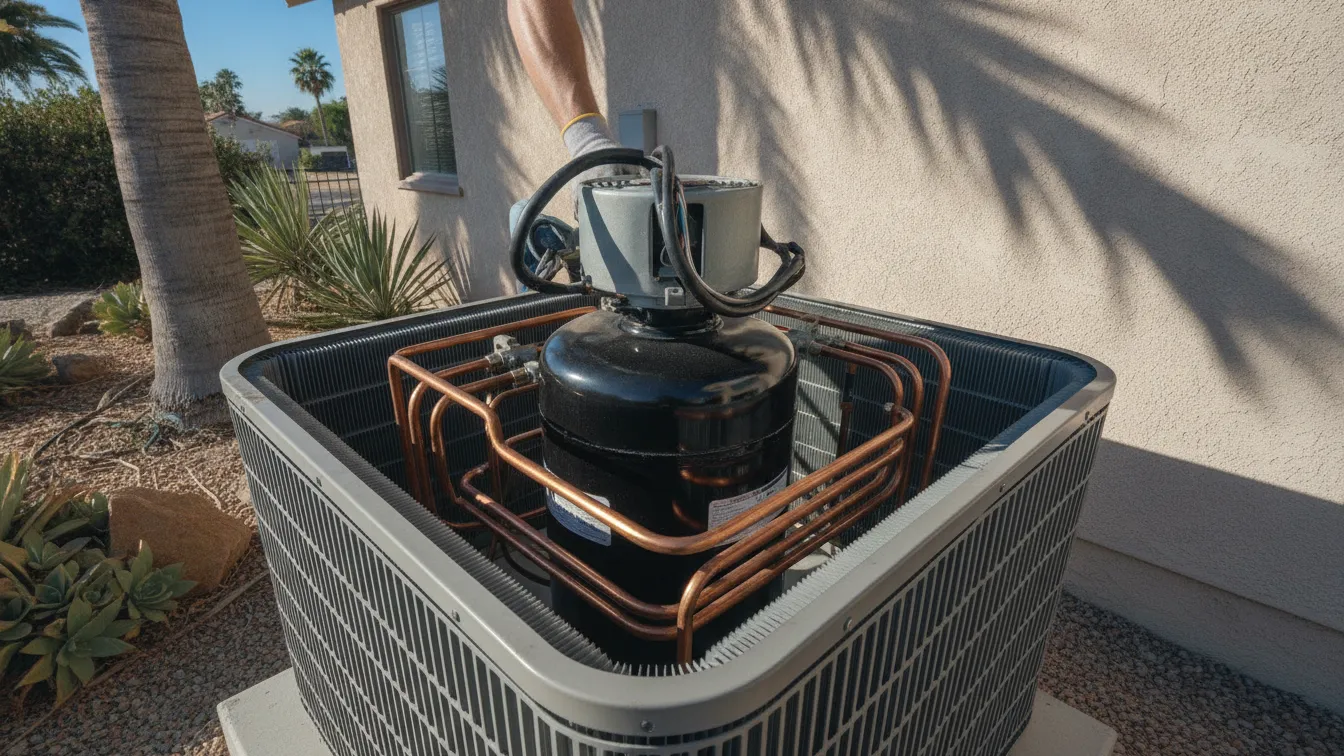 The compressor inside an outdoor air conditioner