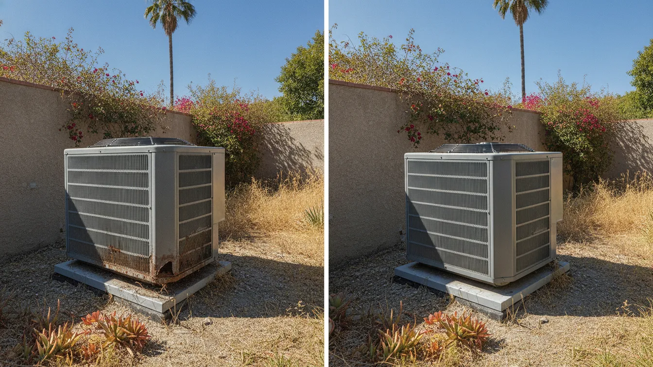 An old air conditioner beside a new one