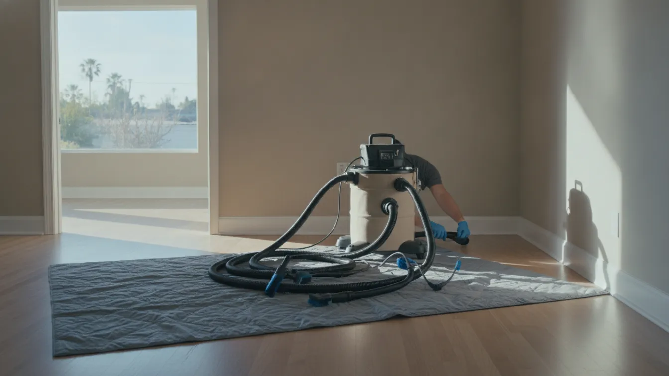 Duct cleaning equipment set up in a hallway