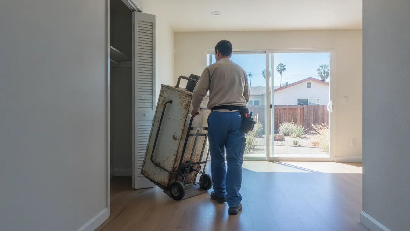 An old furnace being wheeled out of a closet
