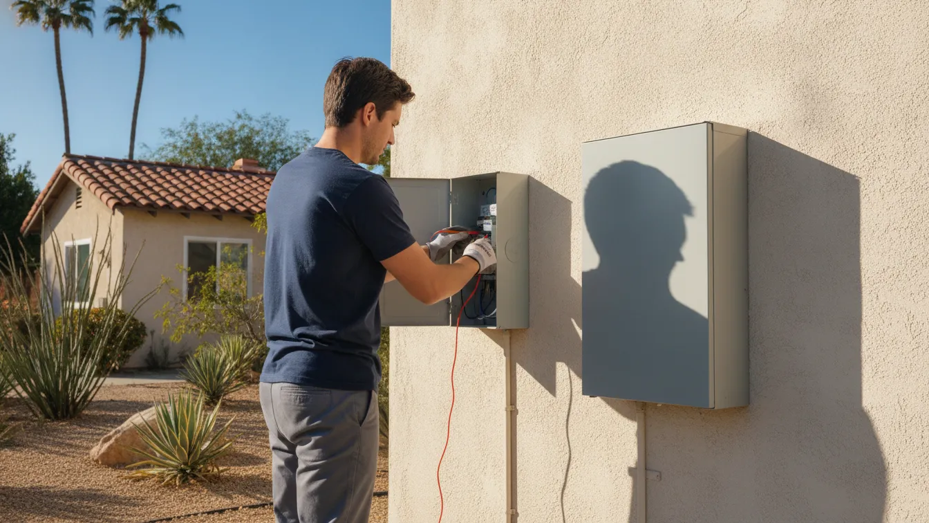 A technician checking the disconnect beside a heat pump