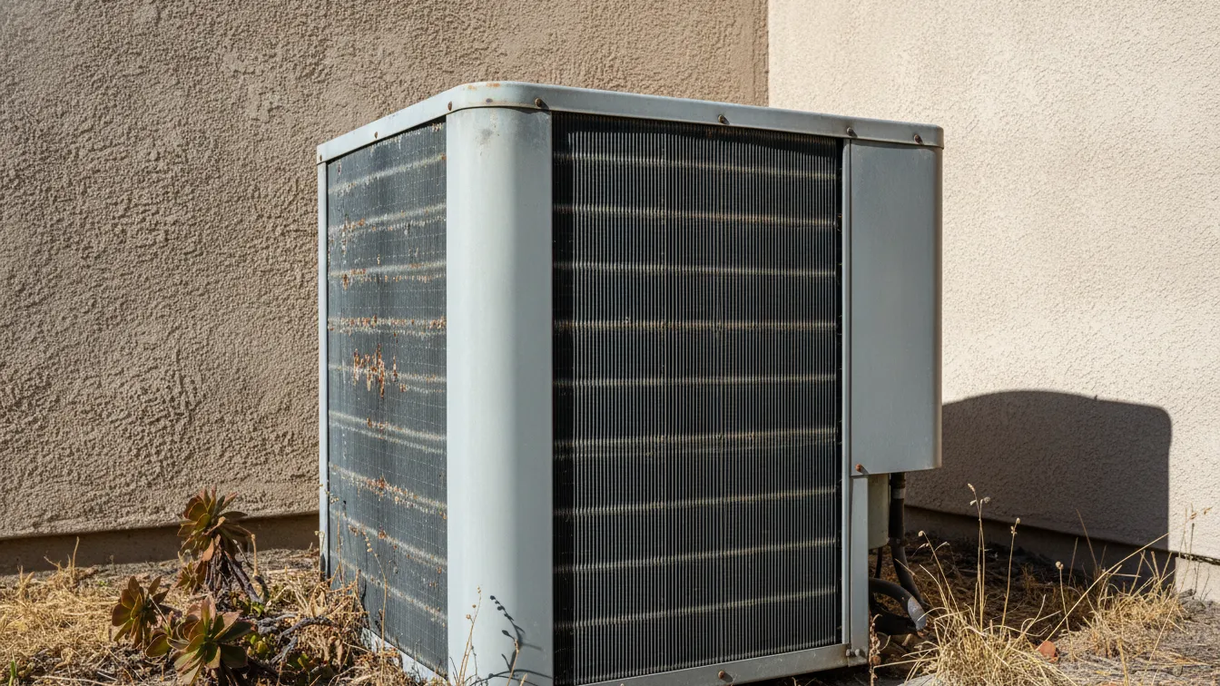 A weathered outdoor air conditioner in afternoon sun