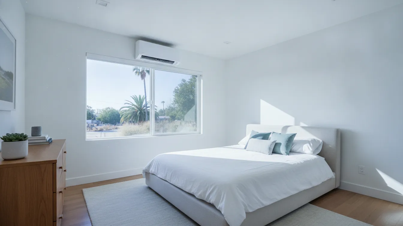A room with a mini split unit and a ceiling air vent