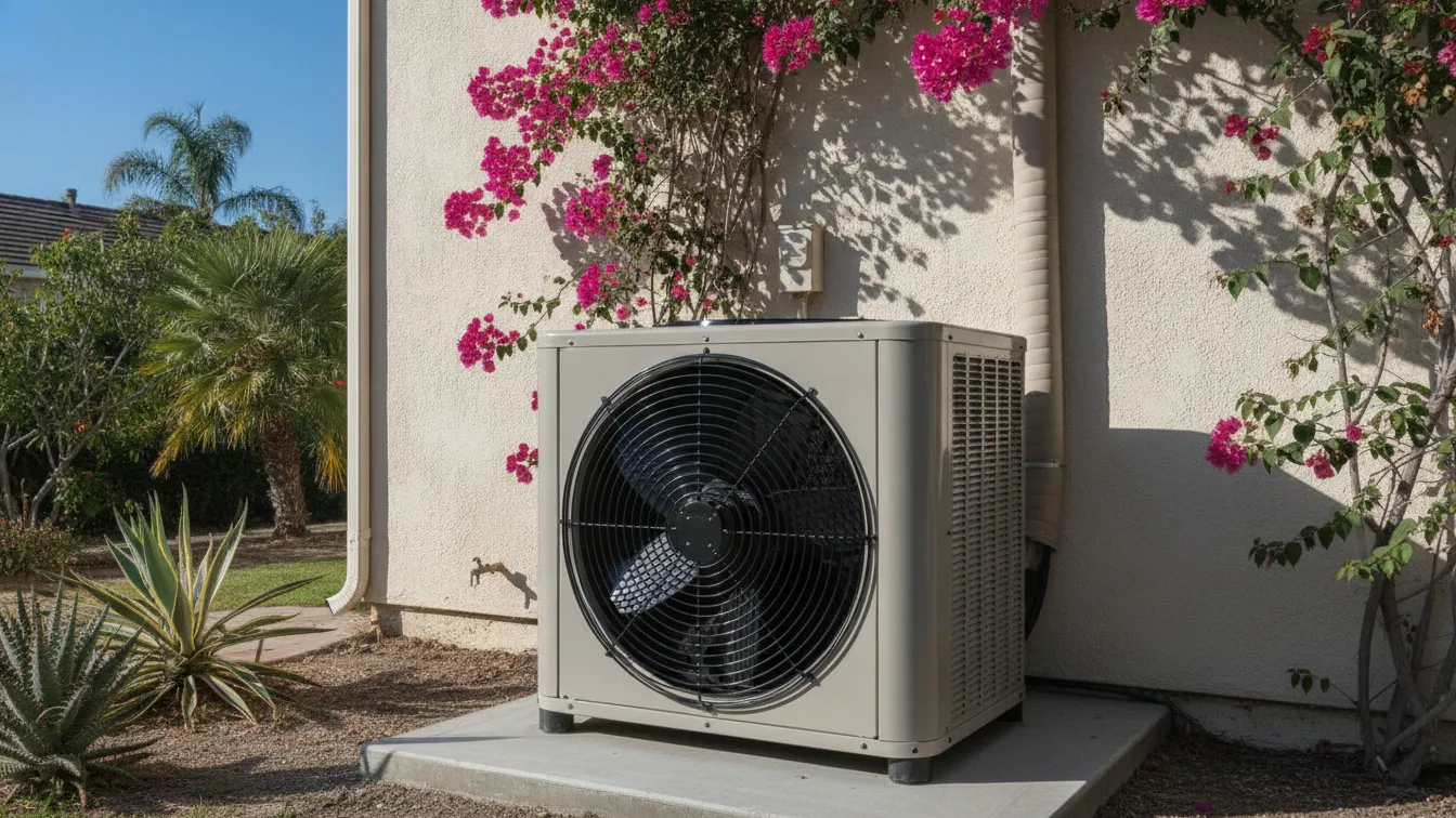 A heat pump outdoor unit beside a stucco house