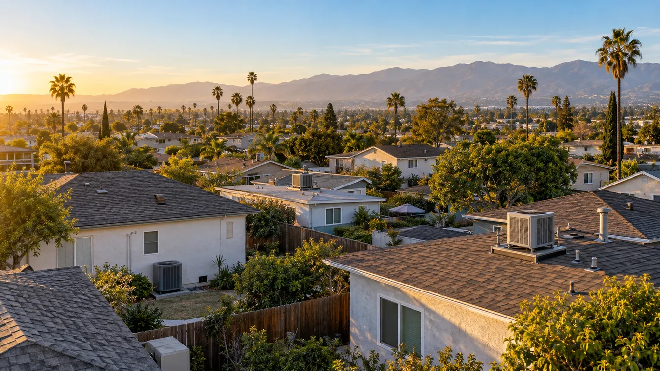 Rooftops of a Los Angeles neighborhood at golden hour