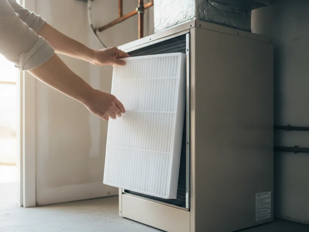 Hands fitting a new air filter into an air handler