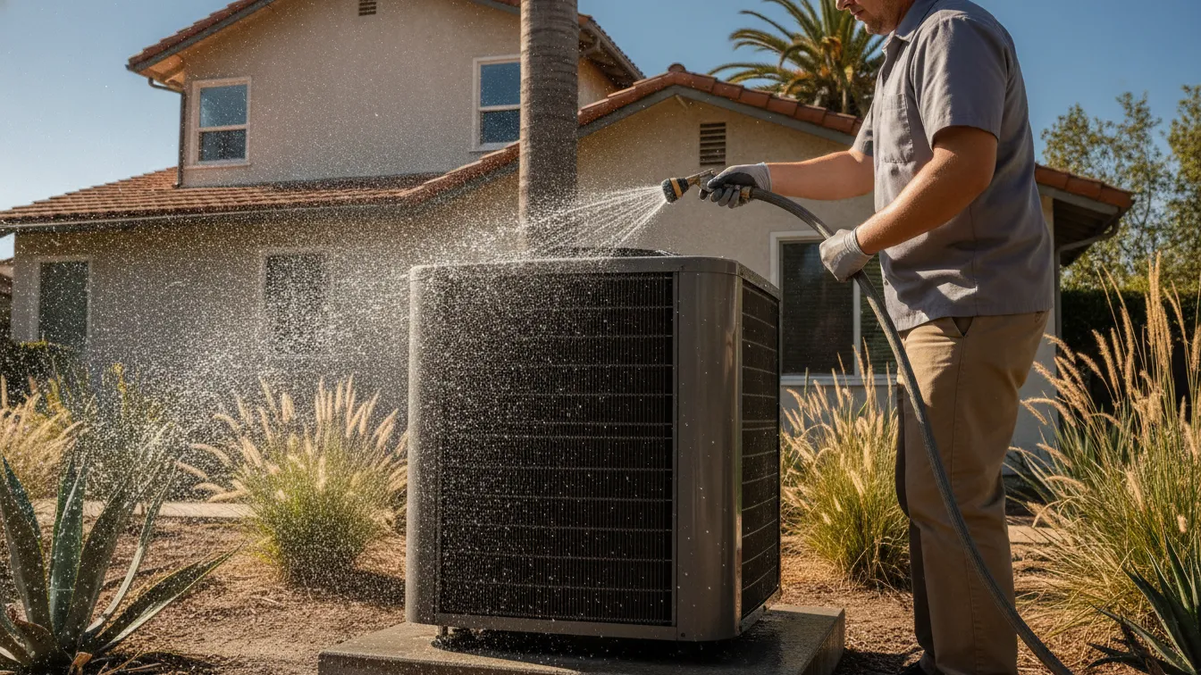 A technician rinsing an outdoor condenser coil
