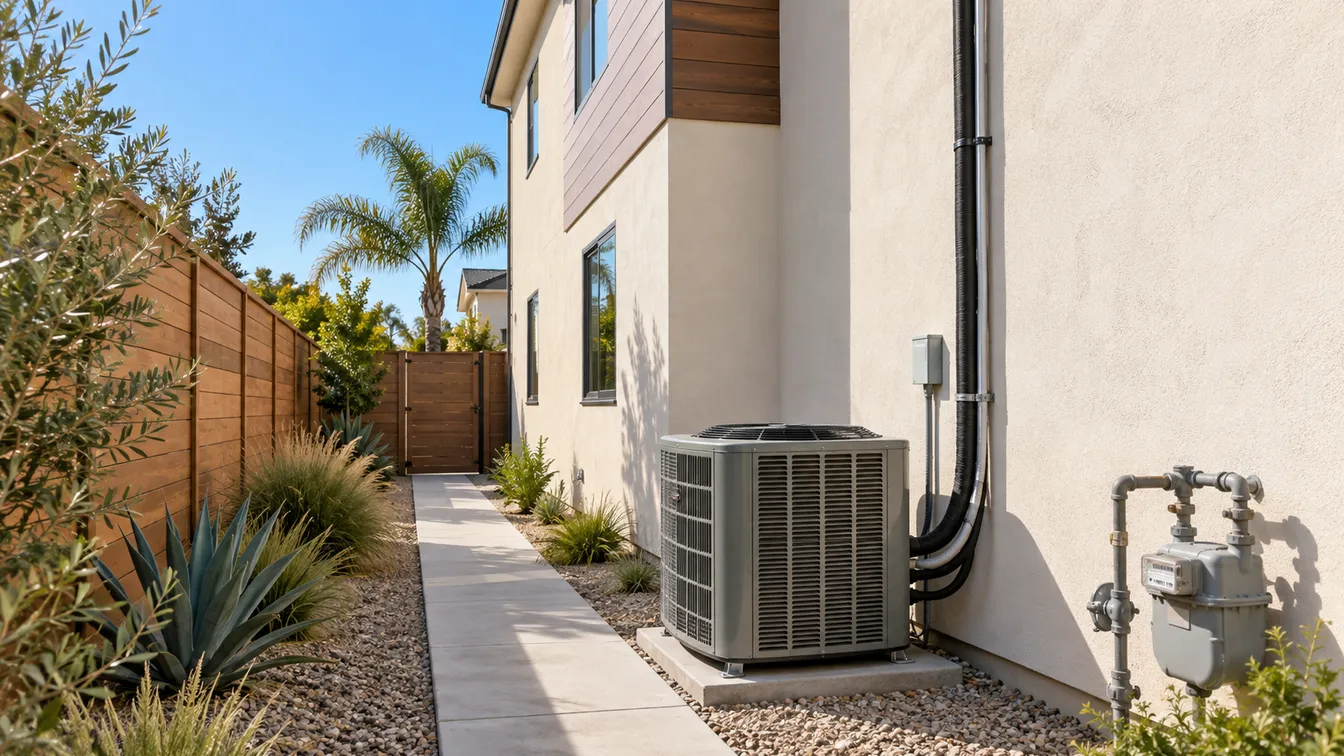 An air conditioning condenser and line set on the side of a two-story house