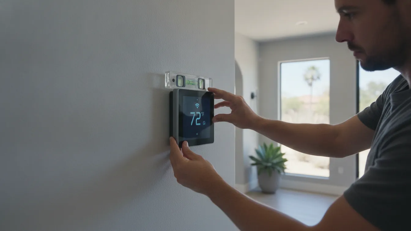 Hands mounting a smart thermostat on a wall